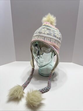 Mudd Kids Earflap Pom Pom Beanie - Light Blue, Pink, Cream, Gray
